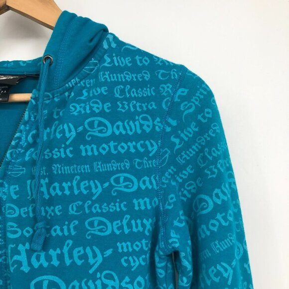 Harley Davidson  Bright Teal Blue All Over Text zipper front Hoodie size SP - Picture 12 of 15